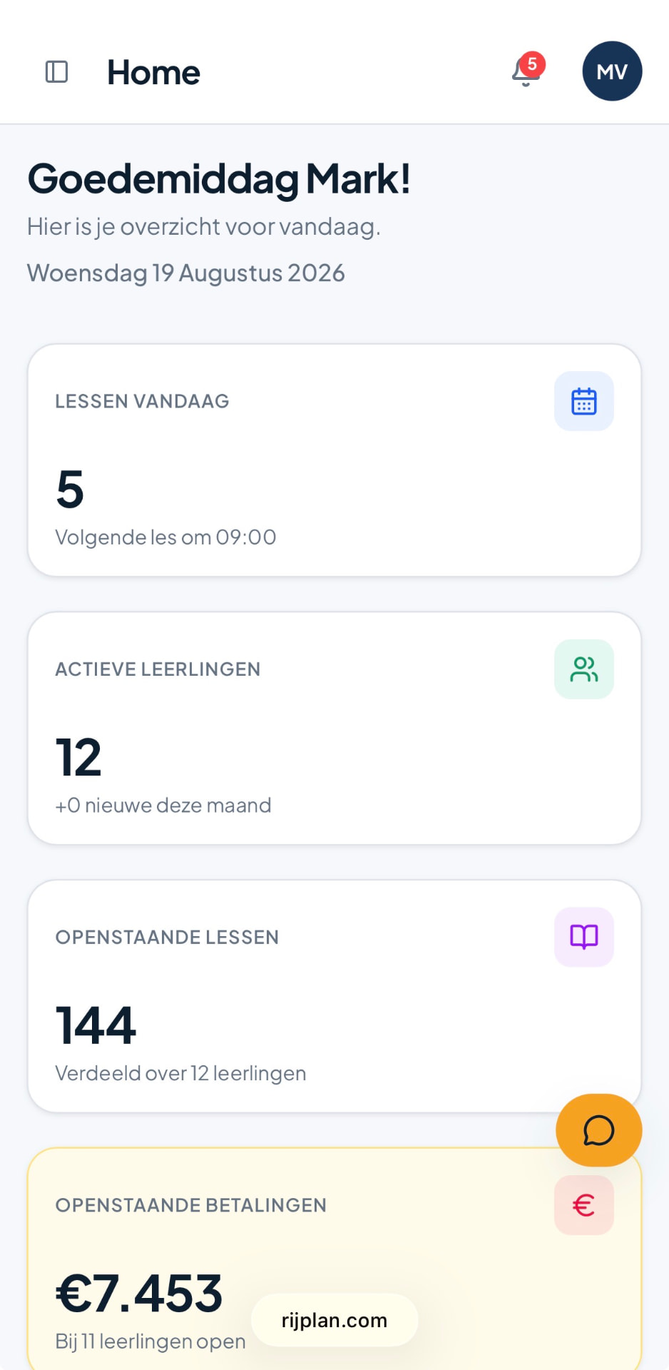 RijPlan dashboard op een telefoon