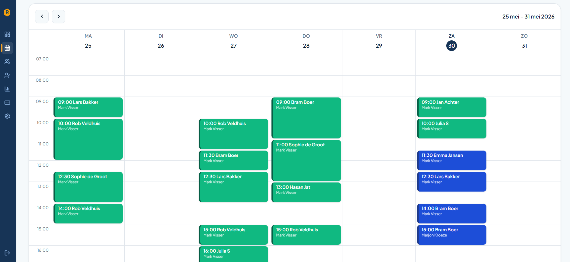 Weekkalender van RijPlan met geplande rijlessen per dag