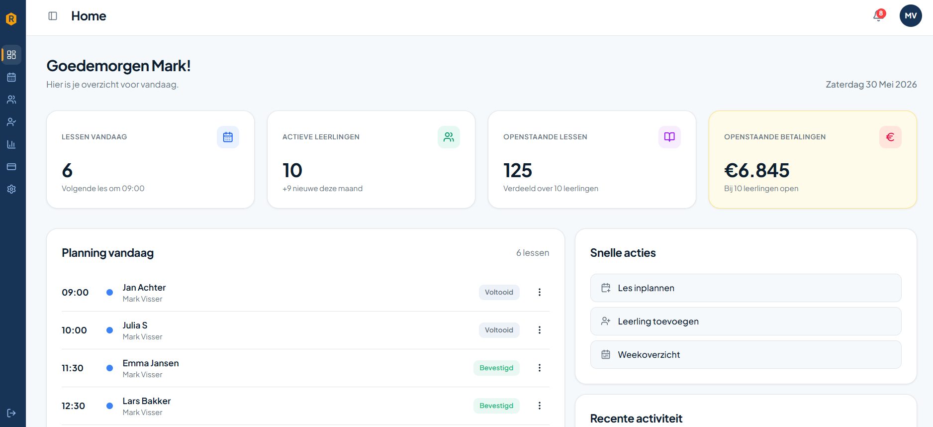 RijPlan dashboard met lessen vandaag, actieve leerlingen en openstaande betalingen