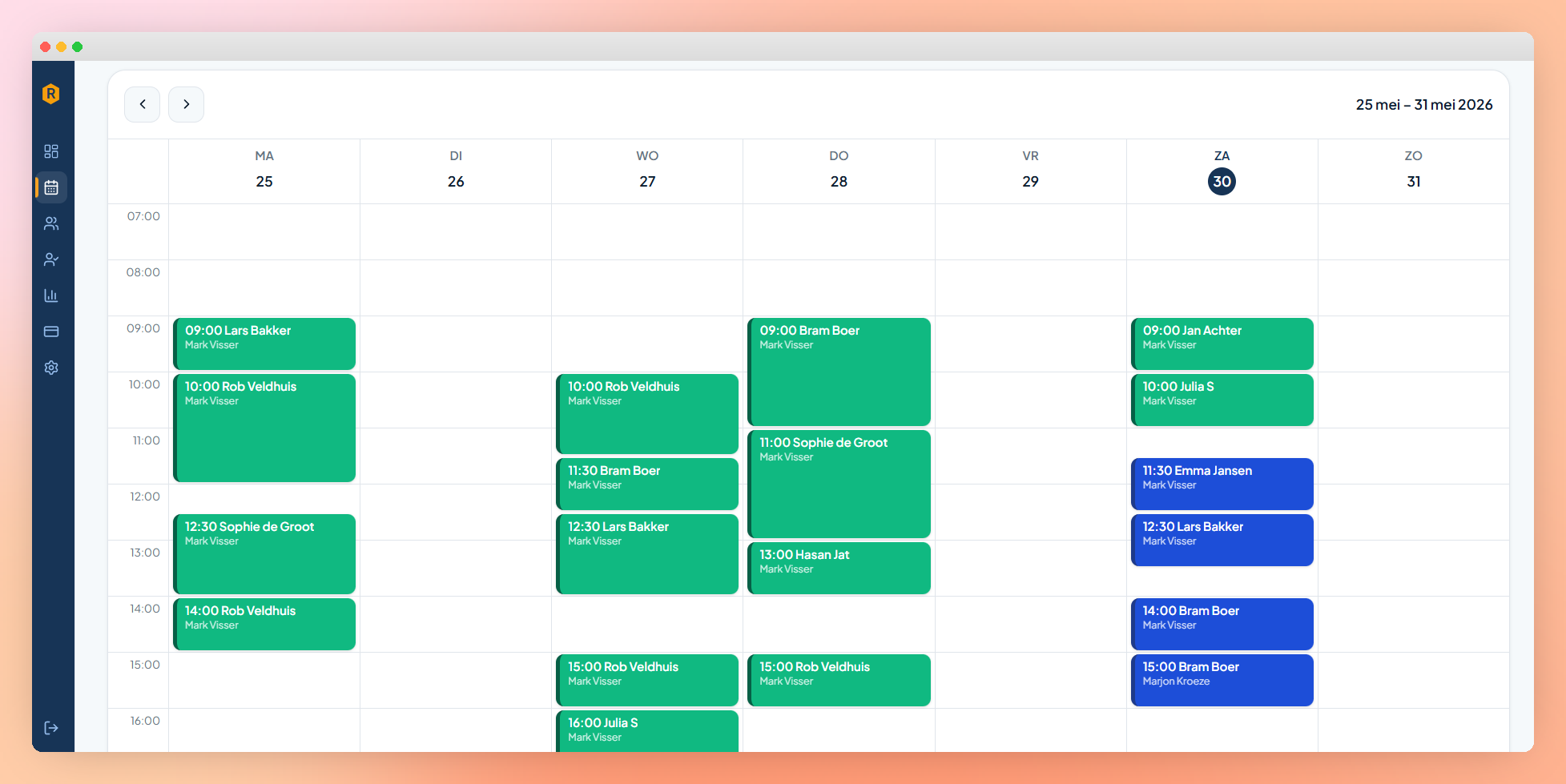 Weekkalender van RijPlan met geplande rijlessen per dag