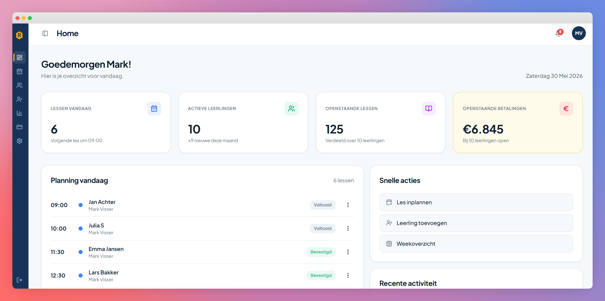 RijPlan dashboard met lessen vandaag, actieve leerlingen en openstaande betalingen